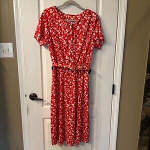 Vintage | Blair Red Floral Belted Midi Fit Flare Dress Grandma Core 14 Pearl